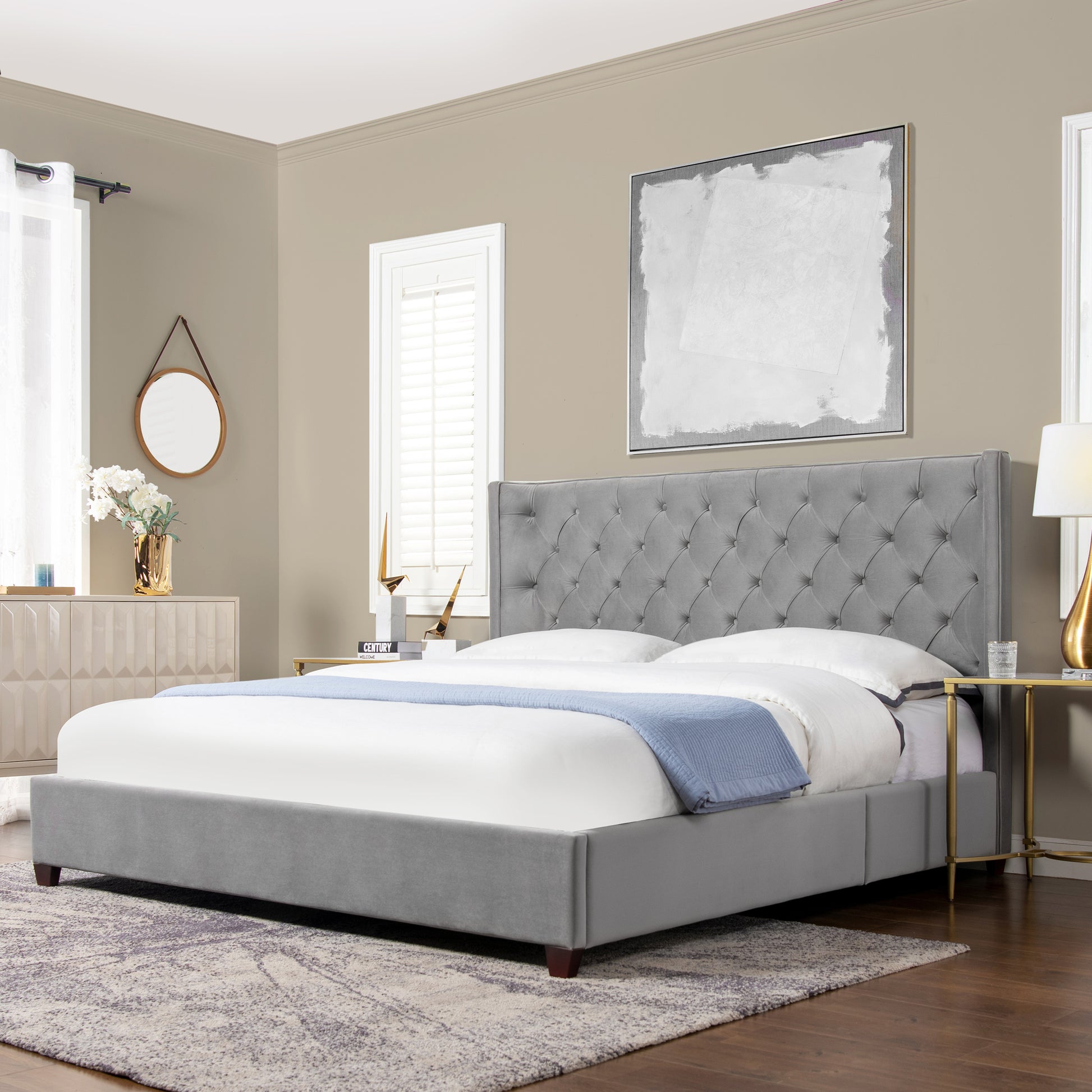 Manhattan Shelter King Platform Bed Frame, Opal Grey Velvet Box Spring Not Required King Gray Wood Foam Velvet Velvet