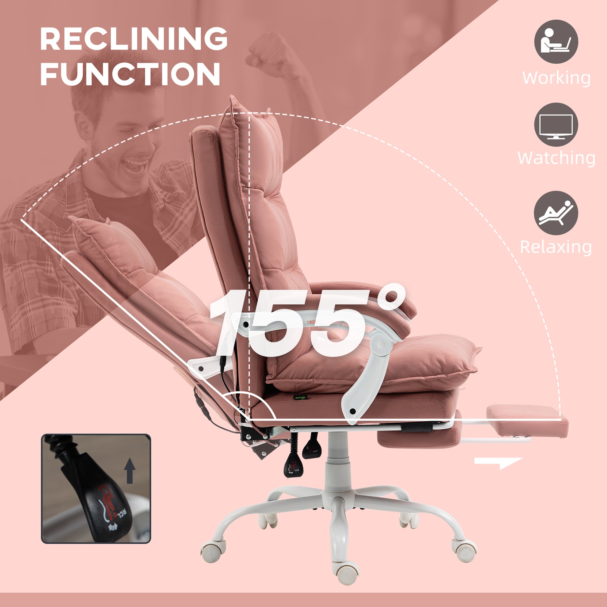 Vinsetto Executive Massage Office Chair With 6 Vibration Points, Microfiber Computer Desk Chair, Heated Reclining Chair With Footrest, Armrest, Double Padding, Pink Pink Polyester