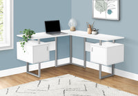 Computer Desk, Home Office, Corner, Storage, 58"L, L Shape, Work, Laptop, White Laminate, Grey Metal, Contemporary, Modern White Particle Board