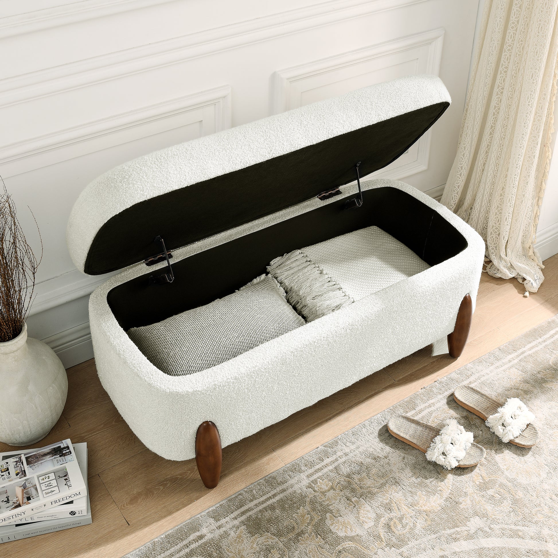 Ottoman Bench With Storage And Seat Cushion, Made Of Looped Gauze Material, Suitable For Bedrooms, Living Rooms, And Entrance Passages Beige 42.5"*20.5"*18.5" Beige Foam