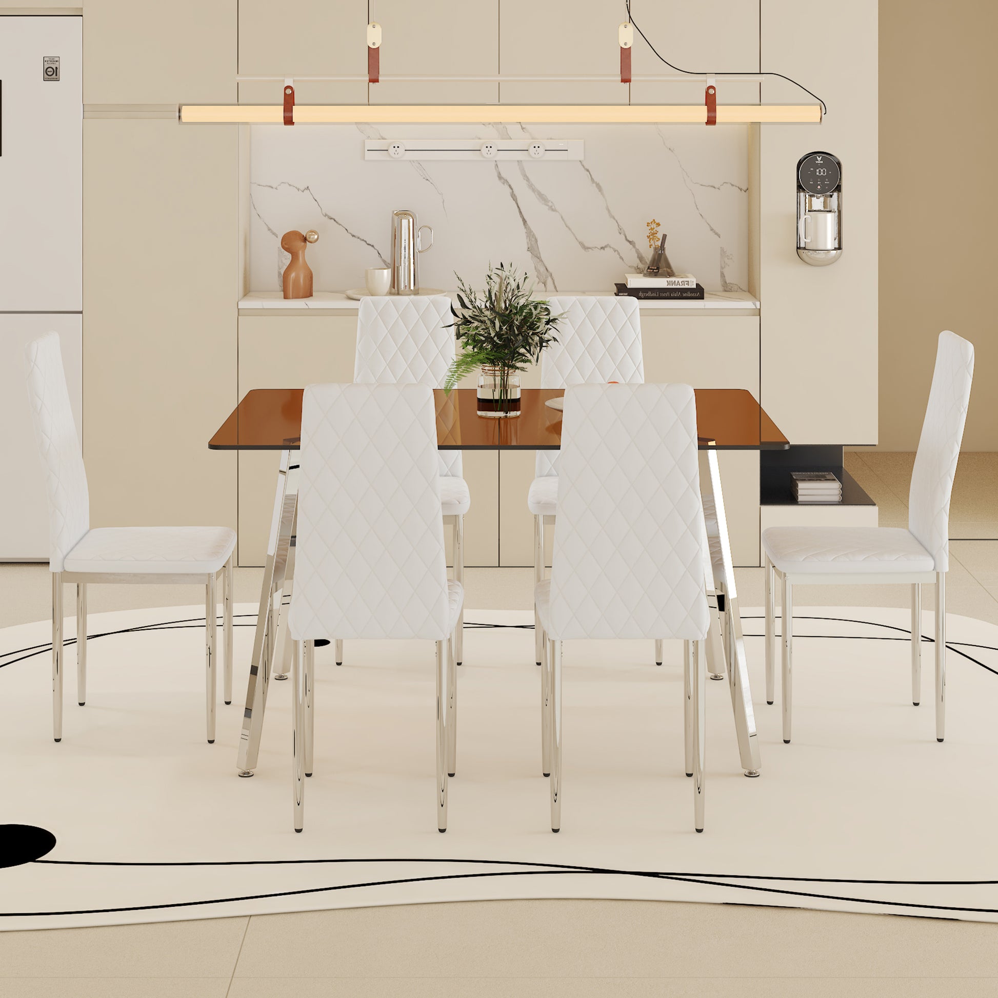 Table And Chair Set.Large Modern Rectangular Table With Brown Glass Top And Silver Metal Legs. Paired With 6 White Chairs With Checkered Armless High Back Pu Cushion And Silver Metal Legs.