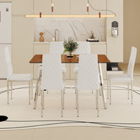 Table And Chair Set.Large Modern Rectangular Table With Brown Glass Top And Silver Metal Legs. Paired With 6 White Chairs With Checkered Armless High Back Pu Cushion And Silver Metal Legs.