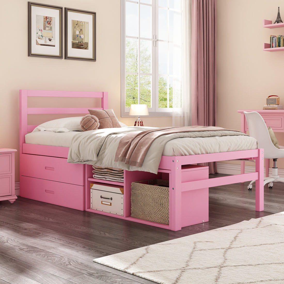 Twin Size Wood Platform Bed With Removable Storage Shelves, Built In Two Storage Drawers For Added Convenience, Pink Twin Pink Wood