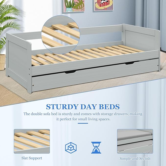 Cesgyfut Twin Daybed With Trundle, Modernwood Daybed With Armrest, Wood Daybedframe For Boy, Girl, No Box Spring Needed,Grey Twin Grey Pine