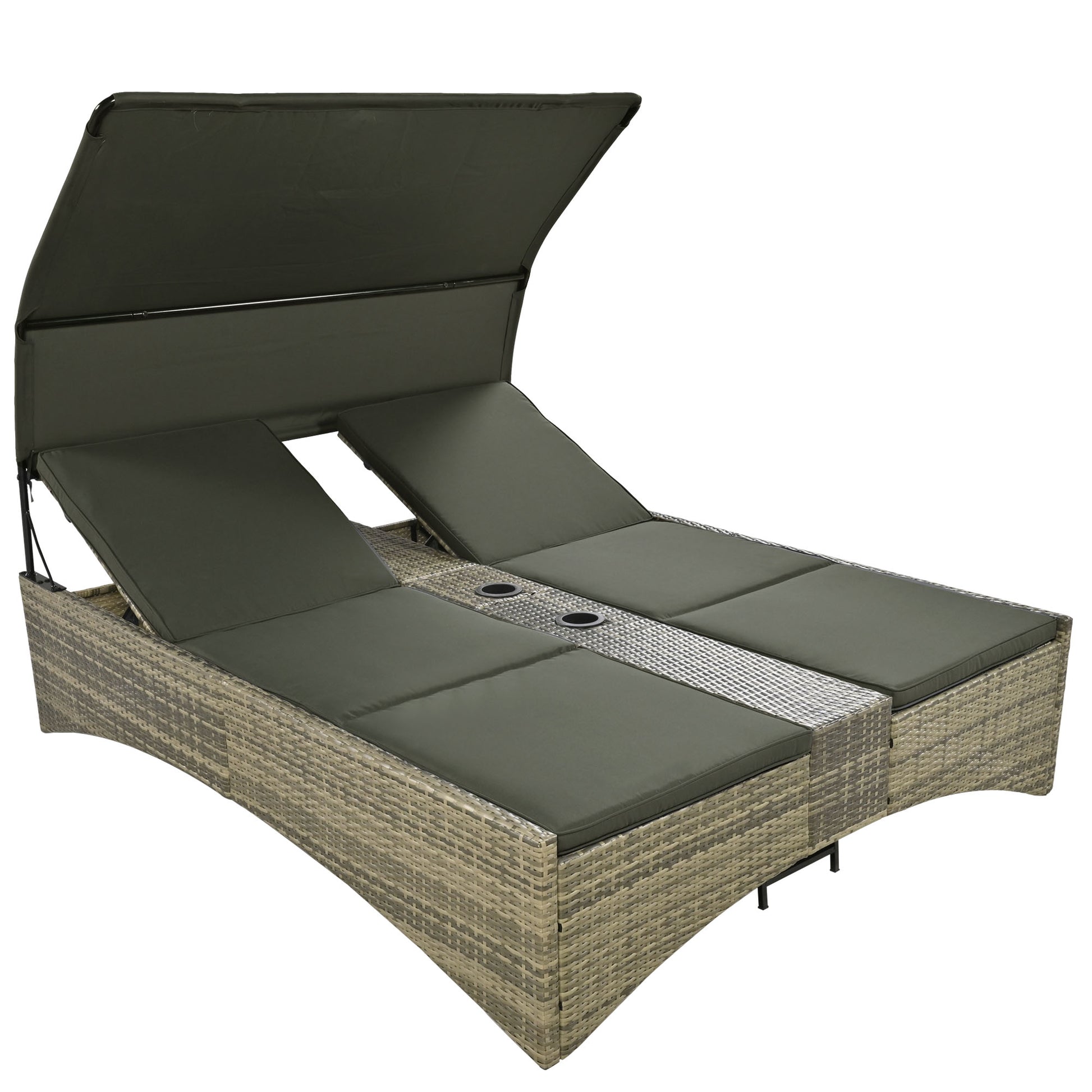 Patio Daybed Outdoor Daybed Outdoor Rattan Sun Lounger With Shelter Roof With Adjustable Backrest, Storage Box And 2 Cup Holders For Patio, Balcony, Poolside,Grey Yes Grey Seats 2 Water Resistant Frame Water Resistant Cushion Garden & Outdoor Sectional