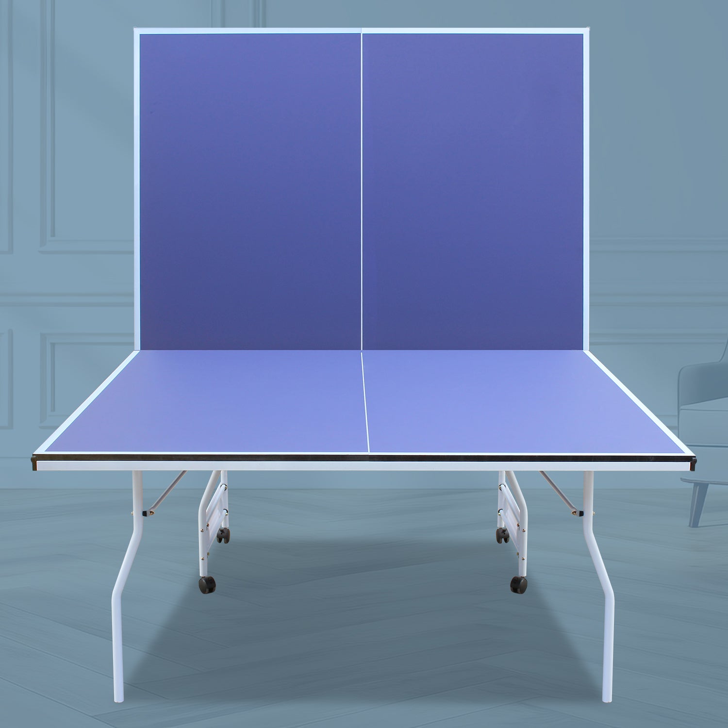 9Ft Mid Size Table Tennis Table Foldable & Portable Ping Pong Table Set For Indoor Games With Net, 2 Table Tennis Paddles And 3 Balls Blue Mdf