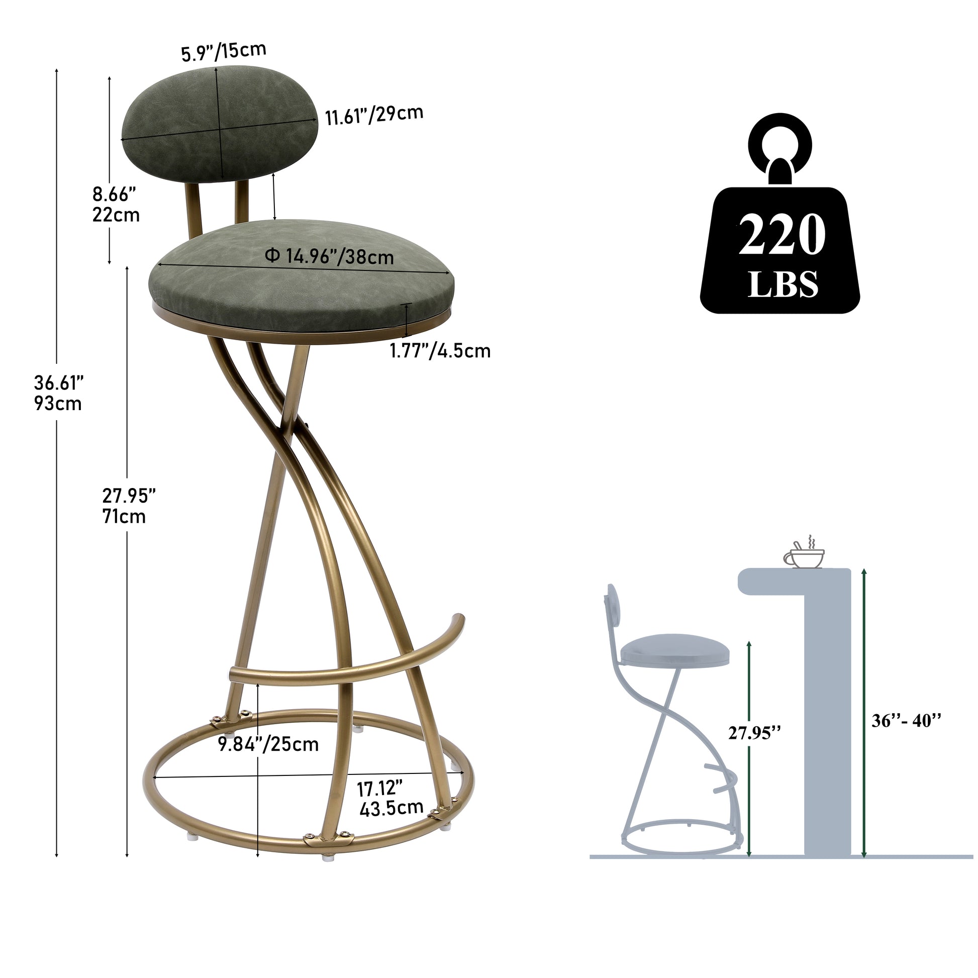 Round Bar Stool Upholstered Dining Stools For Kitchen Counter Set Of 2 Modern Dining Chairs With Backrest & Footrest Gold & Green Metal Green Kitchen Powder Coated Dry Clean Modern Set Of 2 Foam