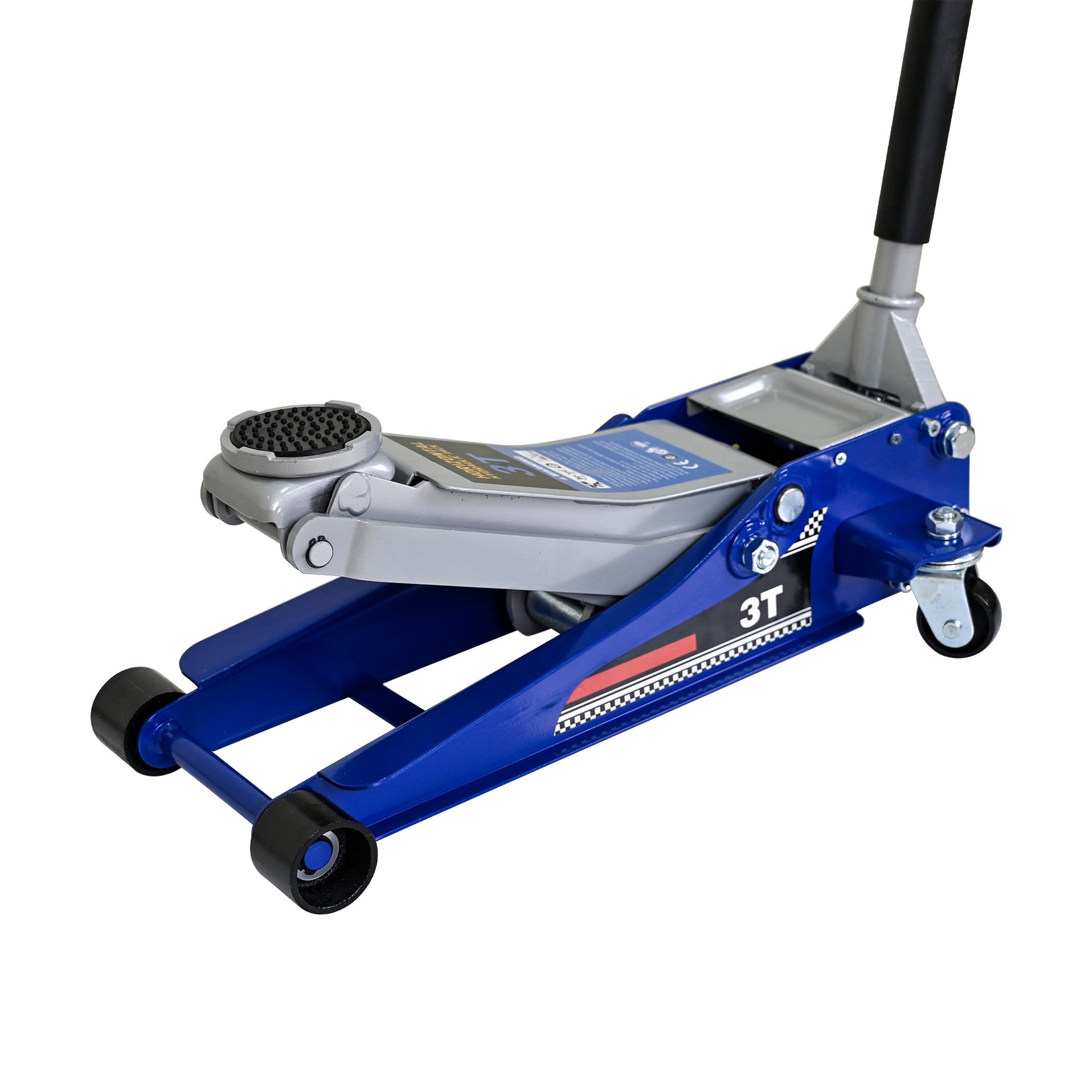 Low Position Steel Vehicle Floor Mounted Hydraulic Jack With Dual Piston Quick Lift Pump, 3 Ton 6600 Lb. Capacity. Blue Steel