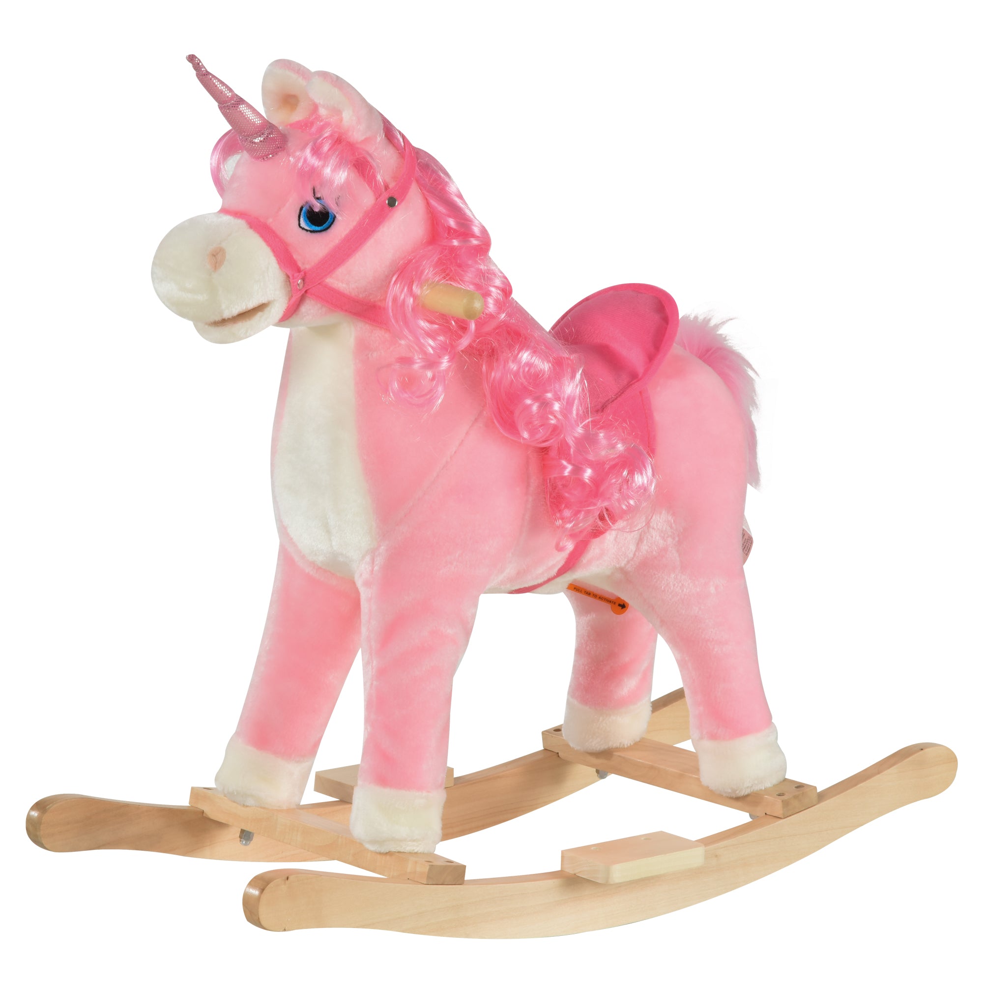 Qaba Rocking Horse, Kids Ride On Horse Unicorn Design With Wooden Base, Tail Wag & Sounds For Toddlers 3 6 Years Old, Pink Pink Plush