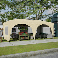 10'X20' Pop Up Canopy Tent With 6 Sidewalls, Ez Pop Up Outdoor Canopy For Parties, Waterproof Commercial Tent With 3 Adjustable Heights, Carry Bag, 6 Sand Bags, 6 Ropes And 12 Stakes, Beige Beige Metal