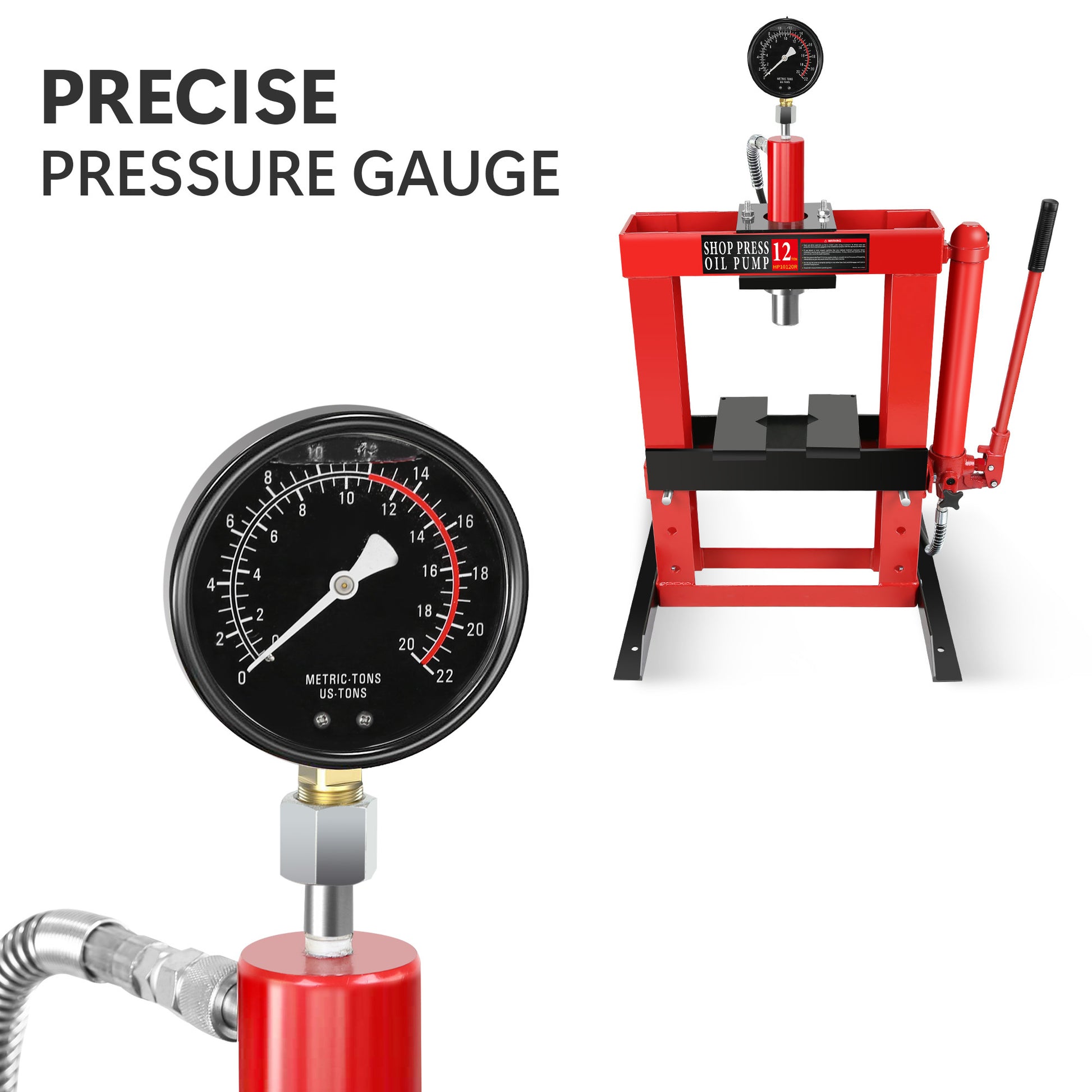 12 Ton Adjustable Benchtop Hydraulic Shop Press For Garage W Stamping Plates & Pressure Gauge, Manual Hand Pump Red Steel