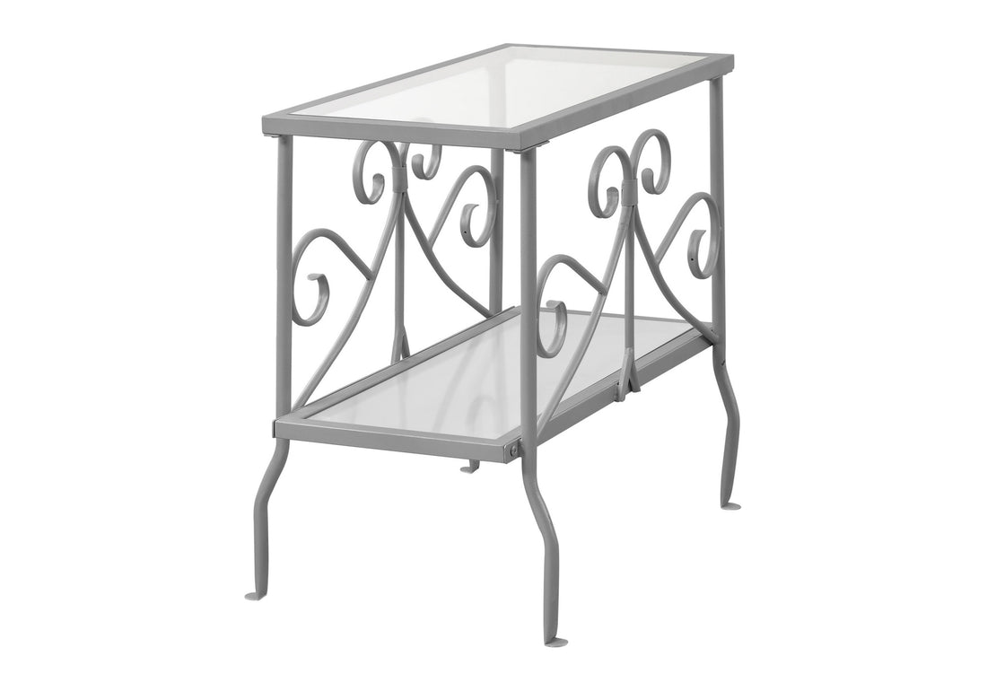 Accent Table, Side, End, Nightstand, Lamp, Living Room, Bedroom, Clear Tempered Glass, Grey Metal, Traditional Silver Metal