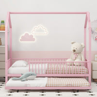 Twin Size Metal House Bed With Fence, With Trundle, Pink Expected Arrival Time: 10.18 Twin Pink Metal