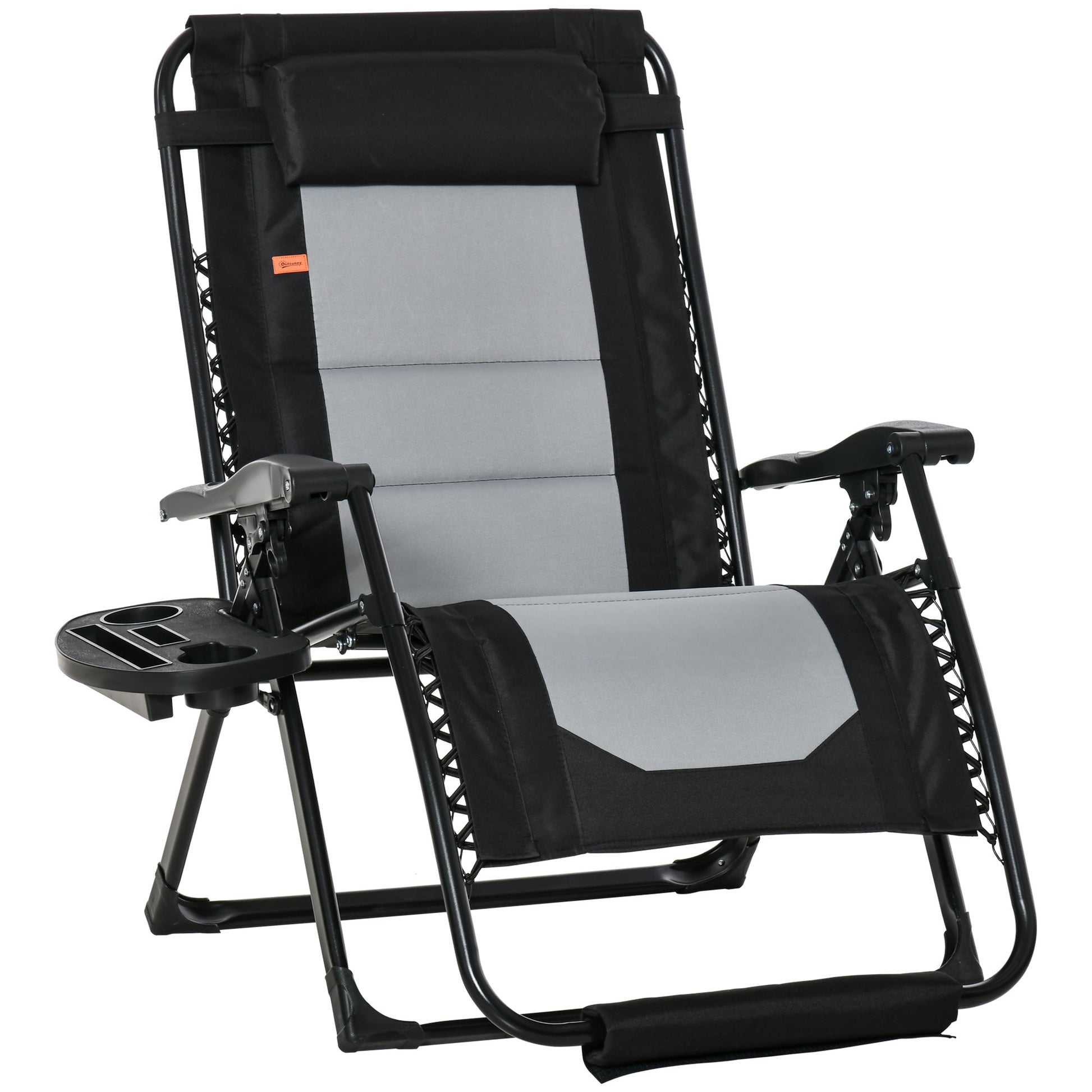 Outsunny Foldable Outdoor Lounge Chair With Footrest, Oversized Padded Zero Gravity Lounge Chair With Headrest, Side Tray, Cup Holders, Armrests For Camping, Lawn, Garden, Black Black Steel