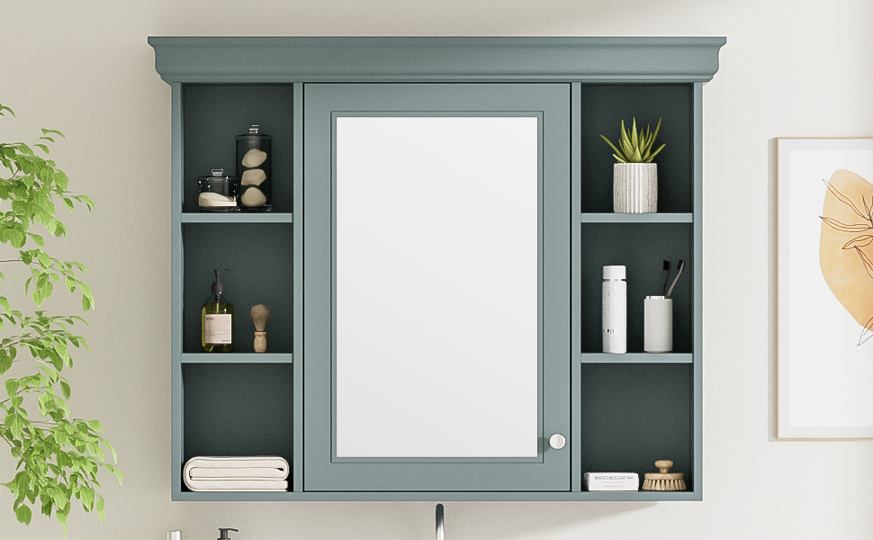 35'' X 28'' Blue Wall Mounted Bathroom Storage Cabinet With Mirror Door, Modern Bathroom Wall Cabinet With Mirror, Medicine Cabinet With 6 Open Shelves Blue 5 Adjustable Shelves Bathroom Wall Mounted Mdf Painted