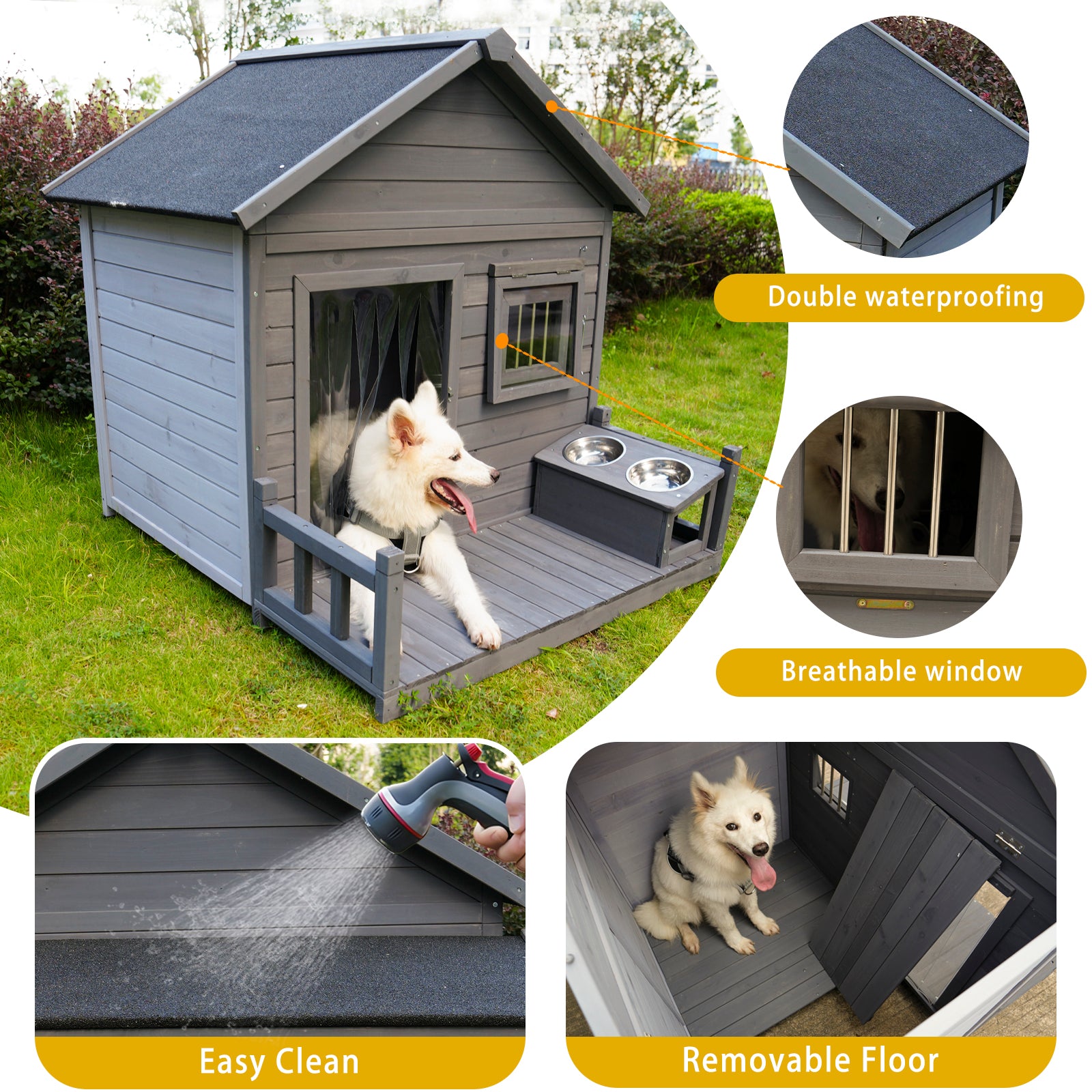 Large Dog House, 44.2" Long X 44.6" Wide X 44.6" High Solid Wood Asphalt Roof Dog House For Large Dogs With Large Terrace, Weatherproof Large Dog House,Complimentary Dog Bowl Gray Solid Wood