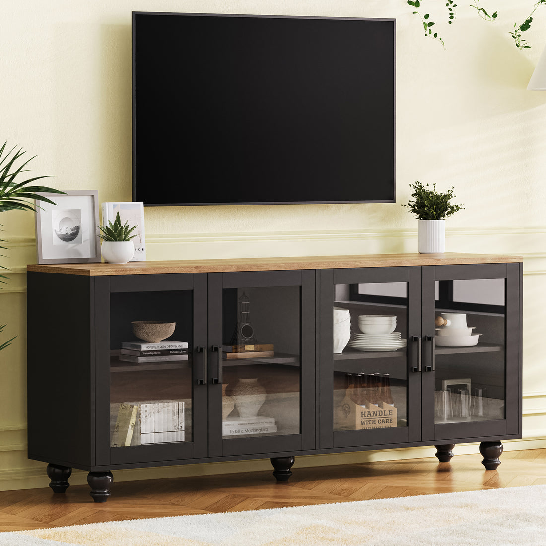 Farmhouse Tv Stand With Tempered Glass Doors For Tvs Up To 70", Versatile Sideboard With Adjustable Shelves, Elegant Buffet Cabinet With 5 Solid Wood Gourd Shaped Legs For Living Room, Black Black