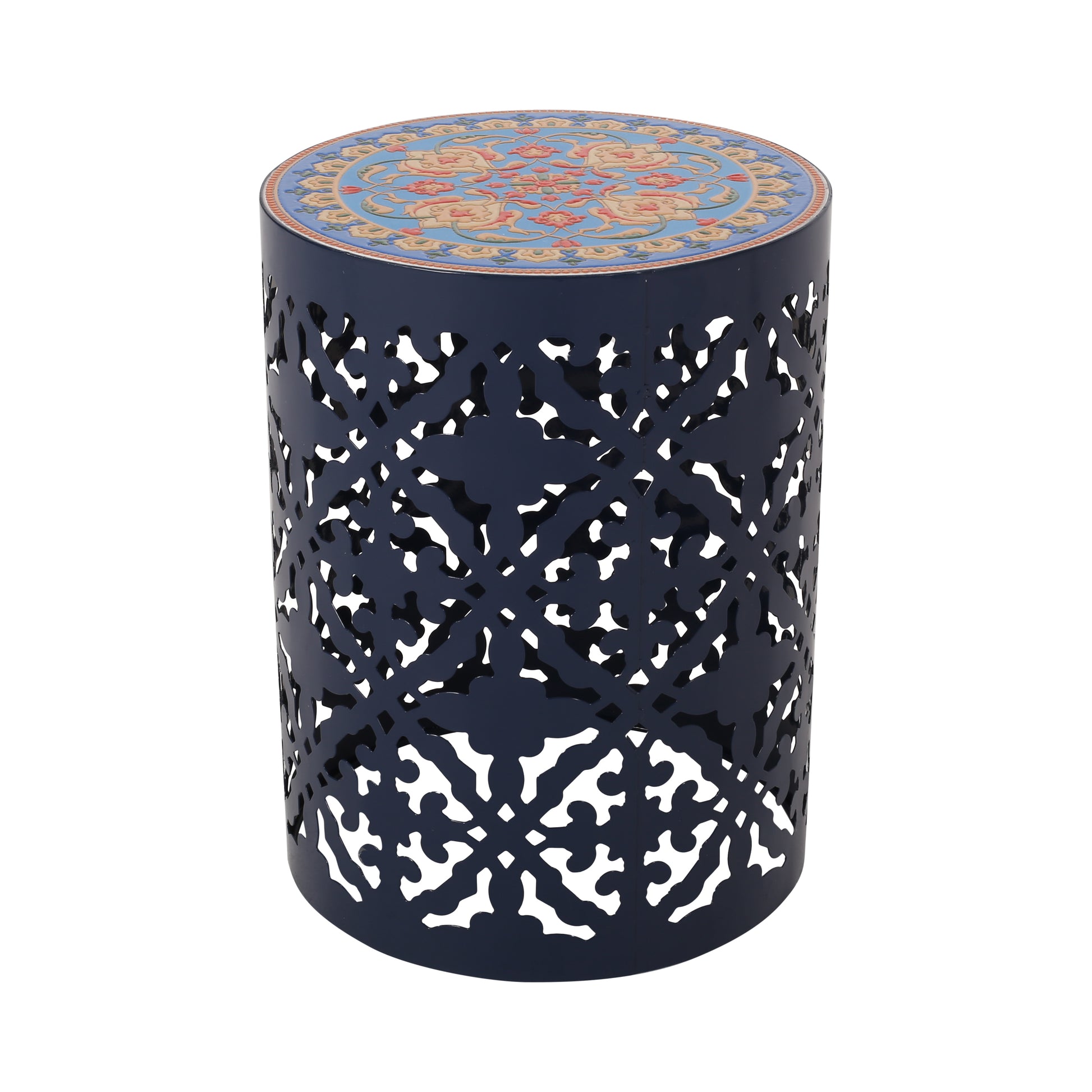 Side Table Dark Blue Rattan Metal