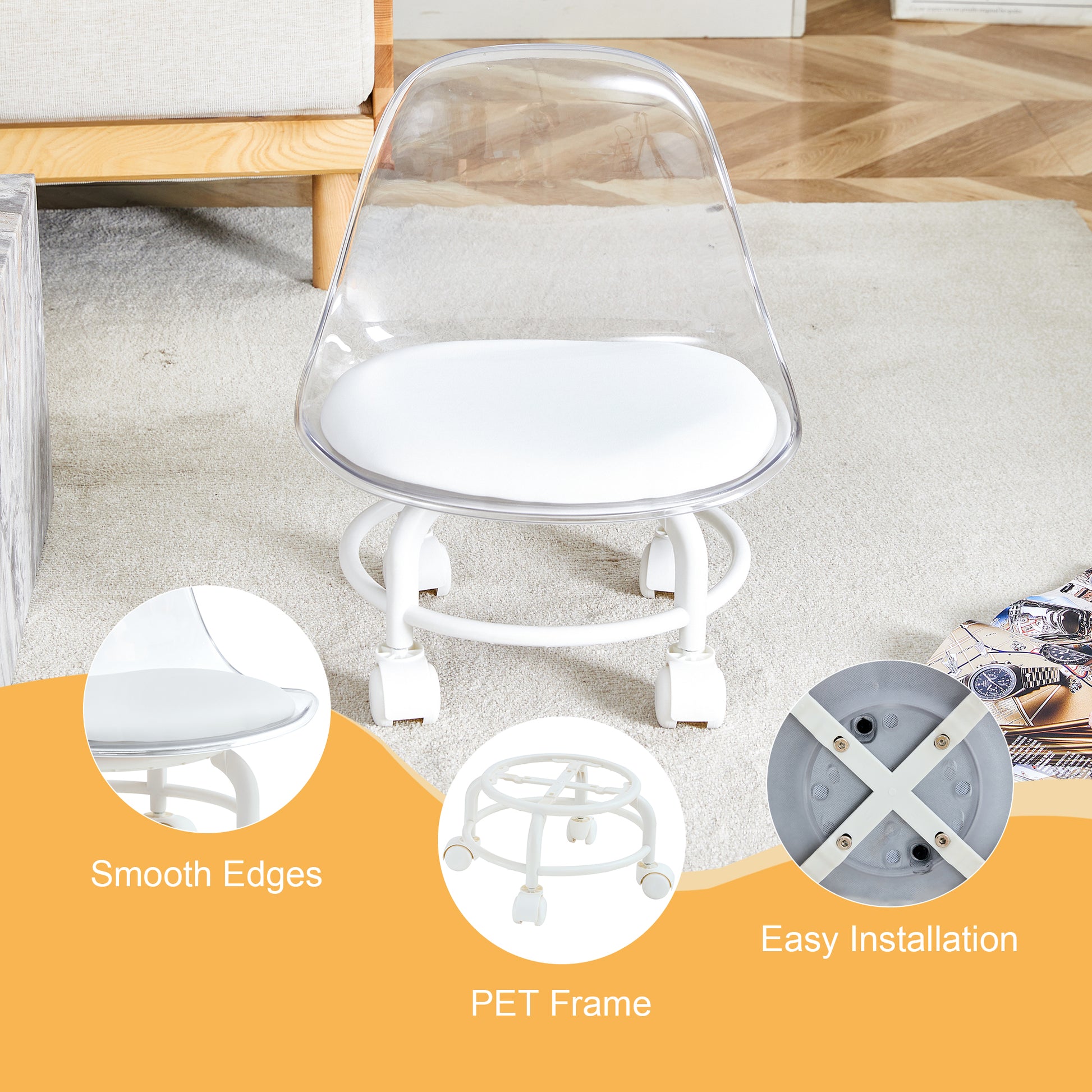The Small And Cute White Chair With Silky Pulleys Can Move Freely, Which Is Suitable For Use In Various Scenes, And Is A Good Choice For Fashion Style. White Pet