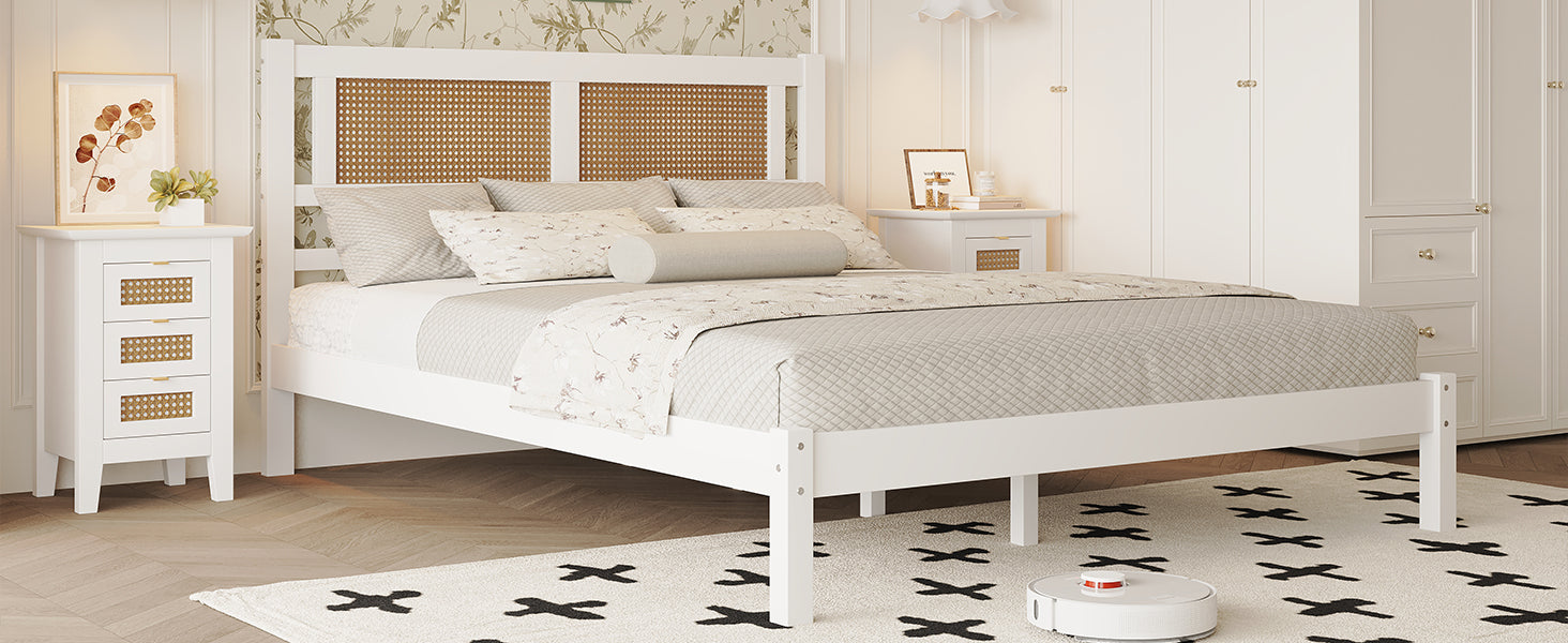 Queen Size Wood Platform Bed With Natural Rattan Headboard,Exquisite Elegance With Minimalist Charm For Bedroom,White White Particle Board