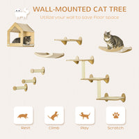 Pawhut Unique Cat Tree Made From Cat Shelves With 10 Levels For More Height, Wall Mounted Cat Tree Climbing Playground With Cat Hammocks, Modern Cat Tree Oak Mdf