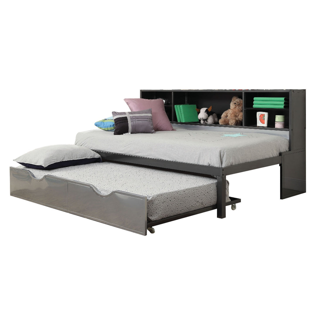 Metal Twin Bed With Bookcase And Rollout Trundle, Black And Silver Black And Silver Wood