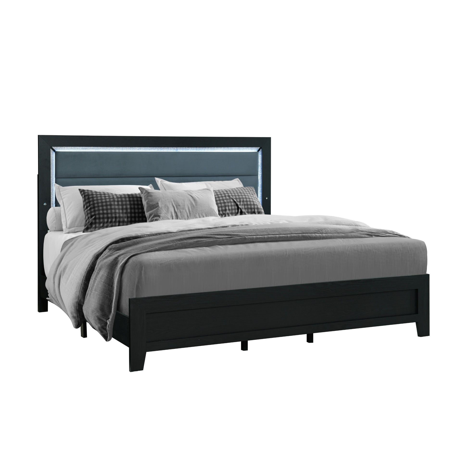 Carlos Black Queen Bed With Led Black Solid Wood Mdf