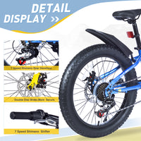 20 Inch Kids Bicyclesfat Tire Mountain Bike For Boys And Girls Age 5 Years ,Dual Disc Brake,Shimano 7 Speed ,Kids Beach And Snow Bicycle Blue Steel