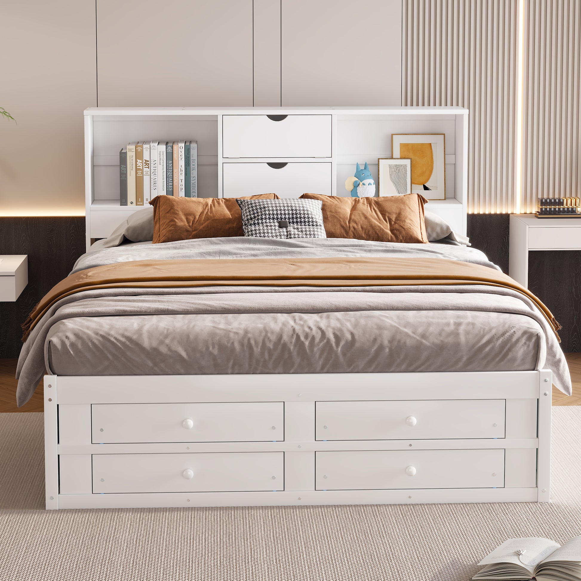 King Size Platform Bed With Storage Headboard And 8 Drawers, White Box Spring Not Required King White Wood Bedroom Bed Frame Solid Wood Mdf