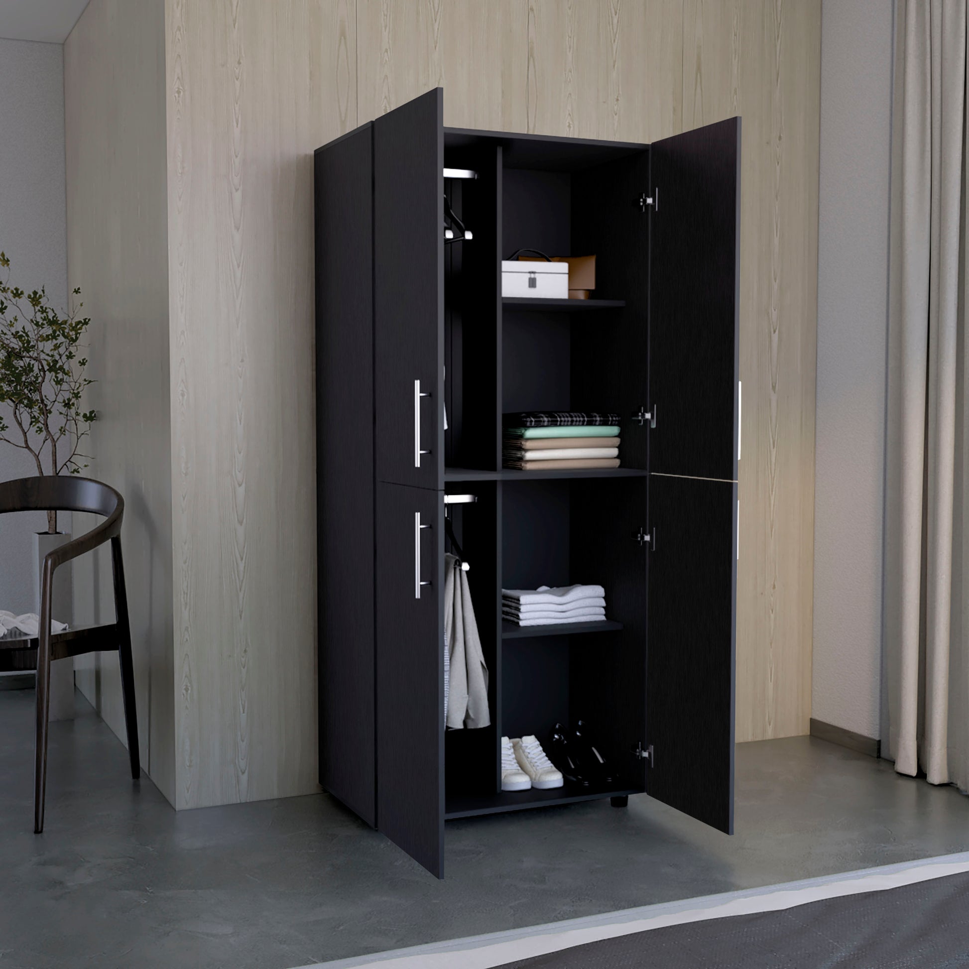 Armoire Wardrove 70" H, Double Doors, 6 Shelves, 2 Hanging Rods, Black Black Solid Wood Mdf Engineered Wood