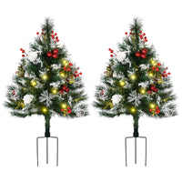Homcom 2.5 Ft 30" 2 Pack Outdoor Entryway Pre Lit Artificial Christmas Tree Cordless With 70 Branches, Warm White Led Lights, Red Berries, Pine Cones, Balls, Green Green Plastic