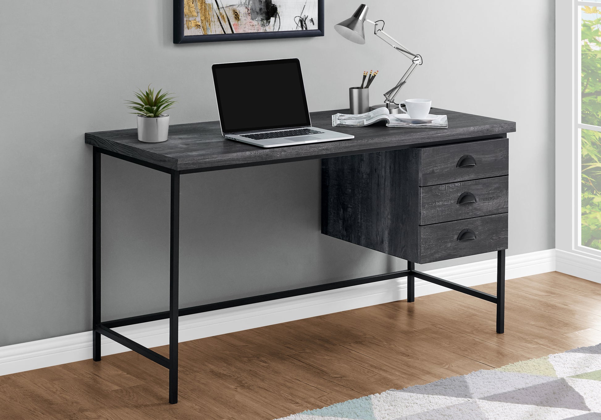 Computer Desk, Home Office, Laptop, Storage Drawers, 55"L, Work, Black Laminate, Black Metal, Contemporary, Modern Black Particle Board