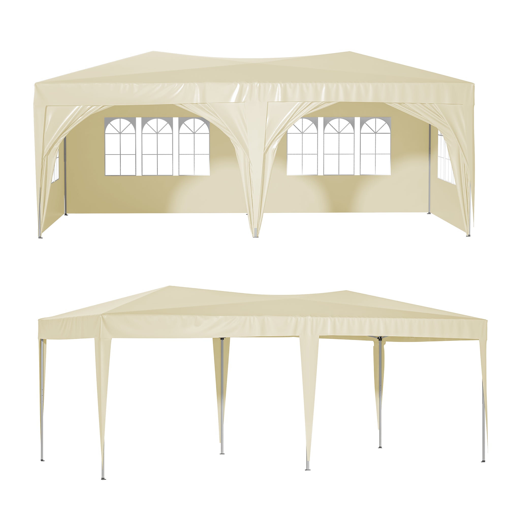 10'X20' Pop Up Canopy Tent With 6 Sidewalls, Ez Pop Up Outdoor Canopy For Parties, Waterproof Commercial Tent With 3 Adjustable Heights, Carry Bag, 6 Sand Bags, 6 Ropes And 12 Stakes, Beige Beige Metal