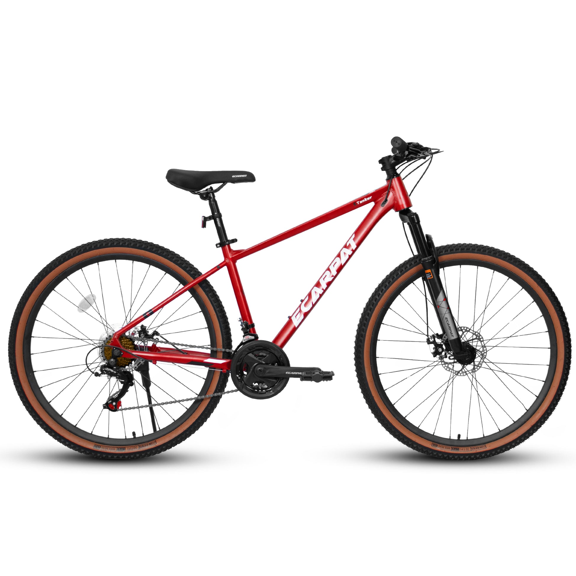 A27312 Ecarpat Mountain Bike 27 Inch Wheels, 21 Speed Mens Womens Trail Commuter City Mountain Bike, Aluminium Frame Disc Brakes Thumb Shifter Front Fork Bicycles Red Steel