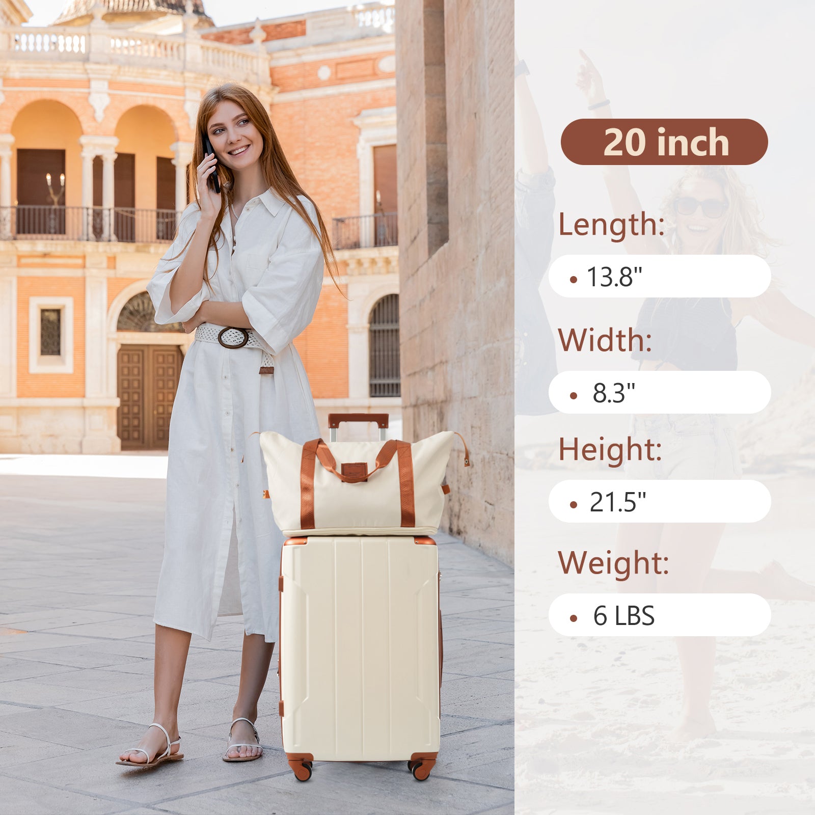 Hardshell Luggage Sets 3 Piece Carry On Suitcases With Wheels, Tsa Lock For Men Women, White Brown 20In Brown White Abs