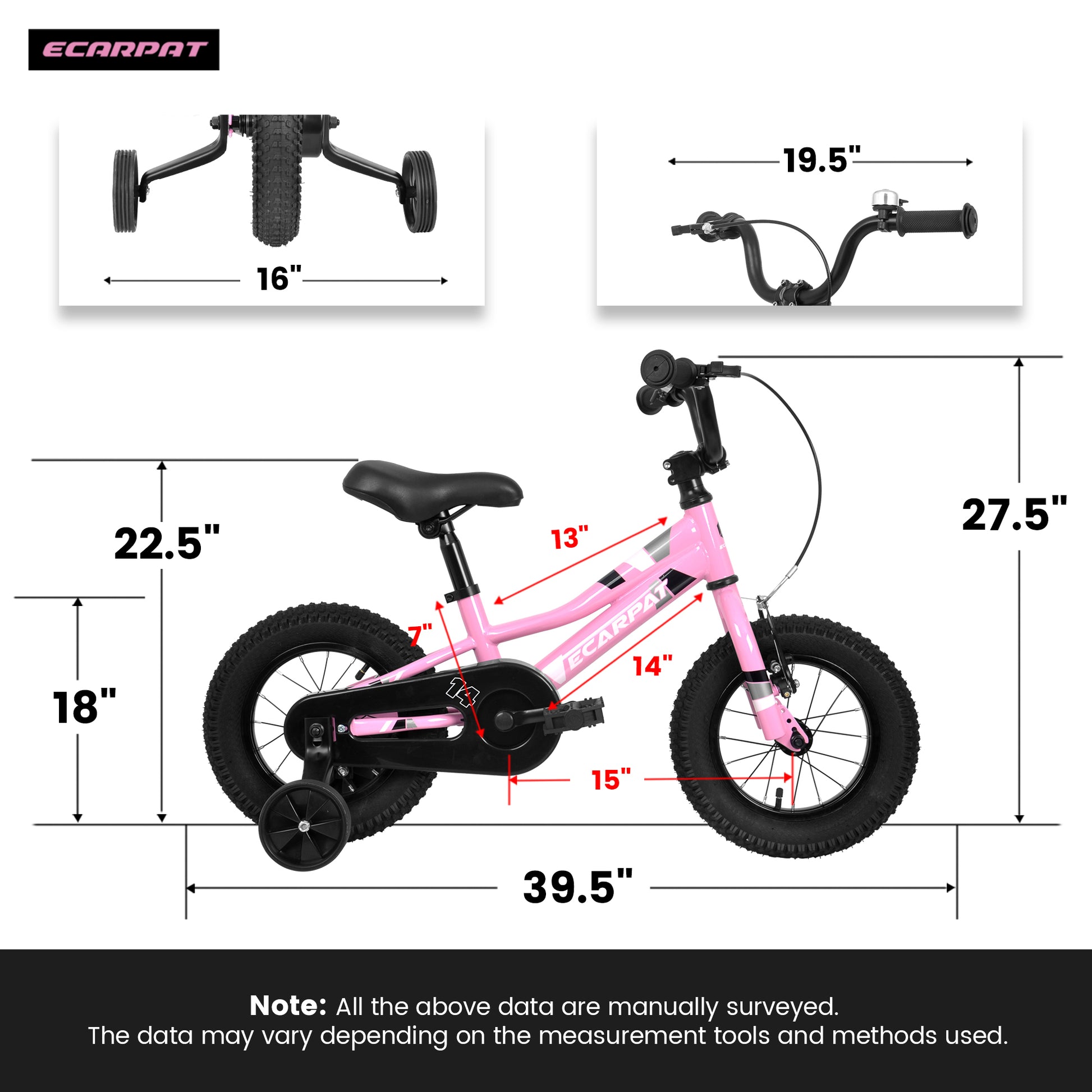 A14117 Ecarpat Kids' Bike 14 Inch Wheels, 1 Speed Boys Girls Child Bicycles For 2 3 Years, With Removable Training Wheels Baby Toys, Front V Brake, Rear Holding Brake Pink Cute Polyurethane Foam 3 To 4 Years Carbon Steel Outdoor