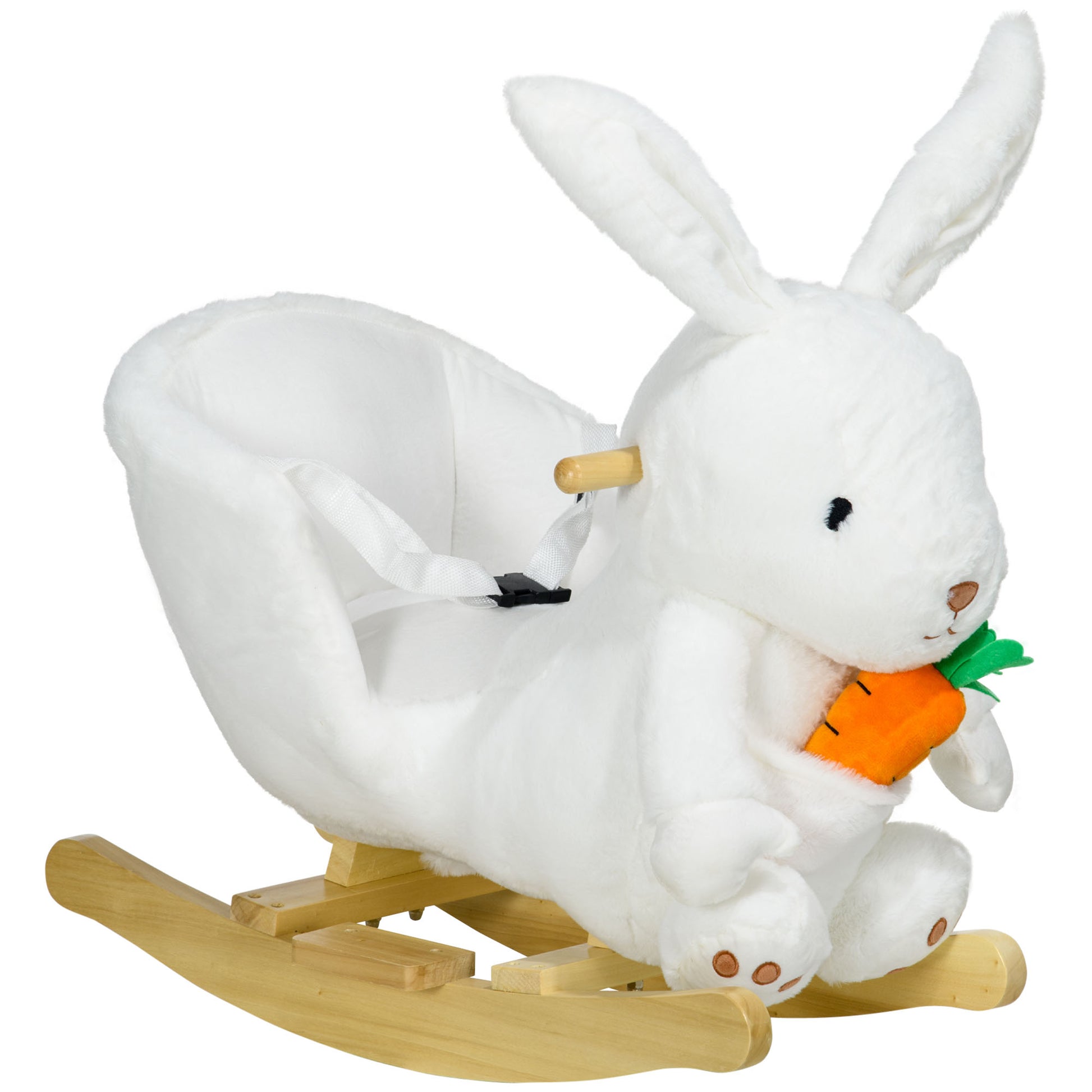 Qaba Baby Rocking Horse, Riding Horse, Bunny Rabbit Themed Rocker With Carrot Toy, Realistic Sound, & Pedals For Boy Girl Aged 18 36 Months, White White Plastic