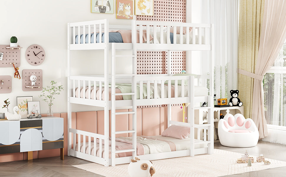 Twin Size Triple Rubber Wood Bunk Bed, With Ladders, Guardrails Detachable Bunk Bed, Twin Over Twin Over Twin,White Twin White Bedroom American Design Bed Frame Rubber Wood