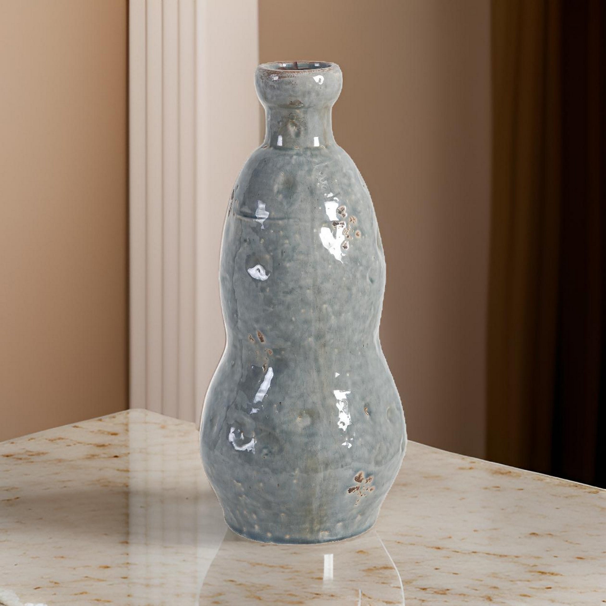 15 Inch Ceramic Vase, Curved And Design, Gray Gray Ceramic