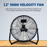 12 Inch 3 Speed High Velocity Heavy Duty Metal Industrial Floor Fans, Black Black Metal