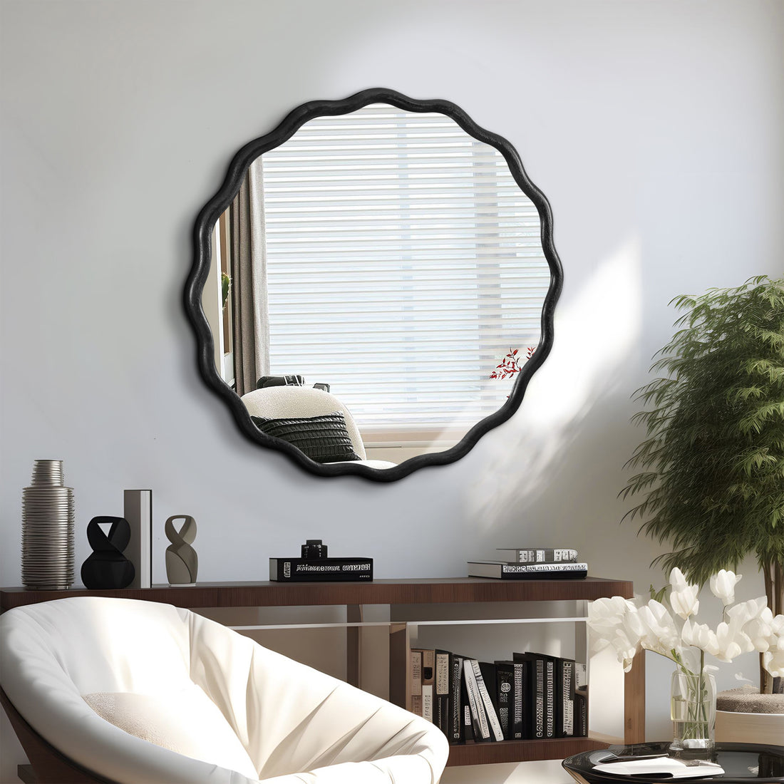 Solid Wood Wavy Mirror Black Mirror Wall Decor 31" X 31" Modern Mirror Wall Decor For Bathroom, Bedroom, Living Room, Dining Room, Cloakroom, Entryway Oval Or Circle Framed Black Living Room Medium 25In 32In Glass Solid Wood