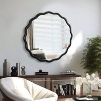 Solid Wood Wavy Mirror Black Mirror Wall Decor 31" X 31" Modern Mirror Wall Decor For Bathroom, Bedroom, Living Room, Dining Room, Cloakroom, Entryway Oval Or Circle Framed Black Living Room Medium 25In 32In Glass Solid Wood