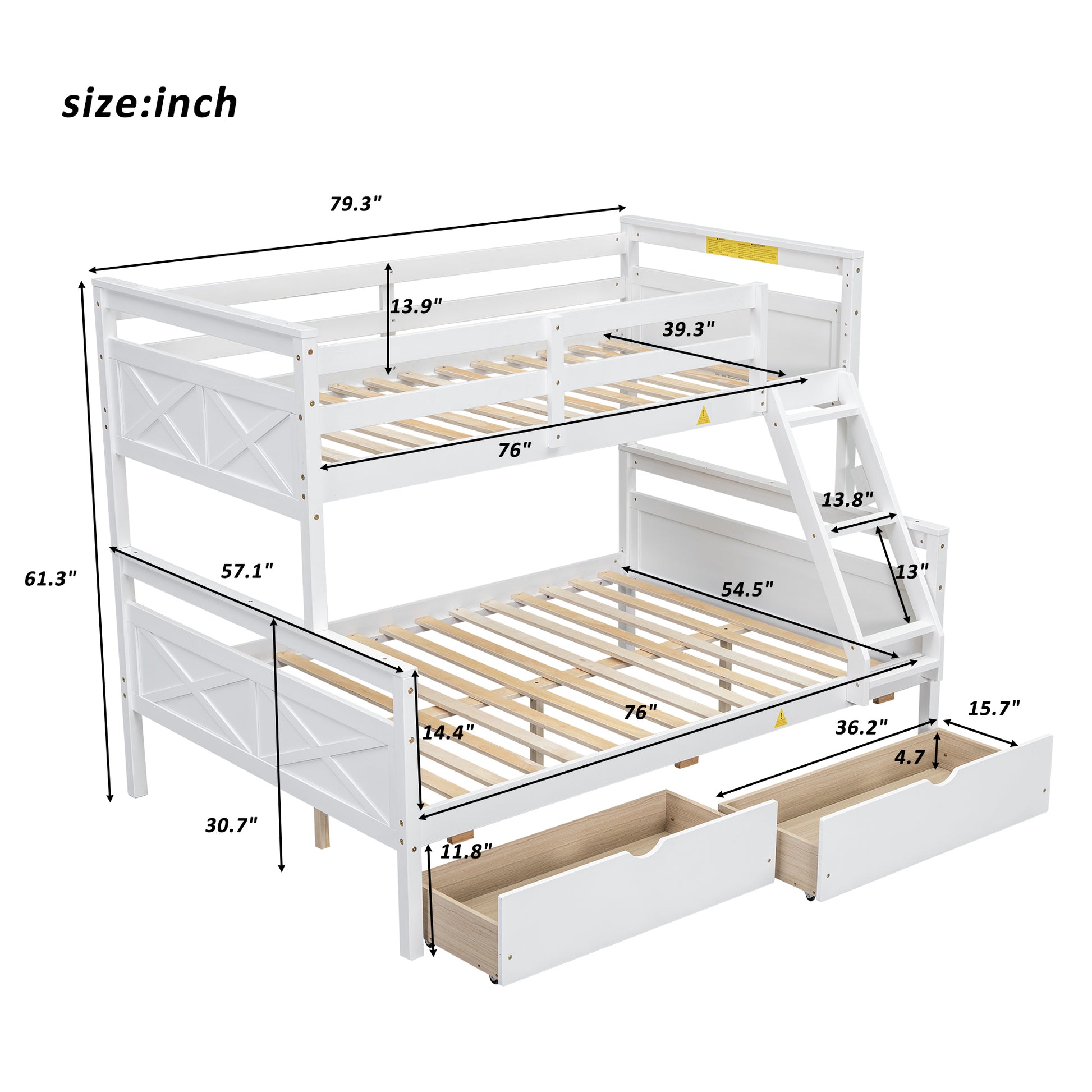 Twin Over Full Bunk Bed With Ladder, Two Storage Drawers, Safety Guardrail, White Box Spring Not Required Twin White Wood Bedroom Bed Frame Pine