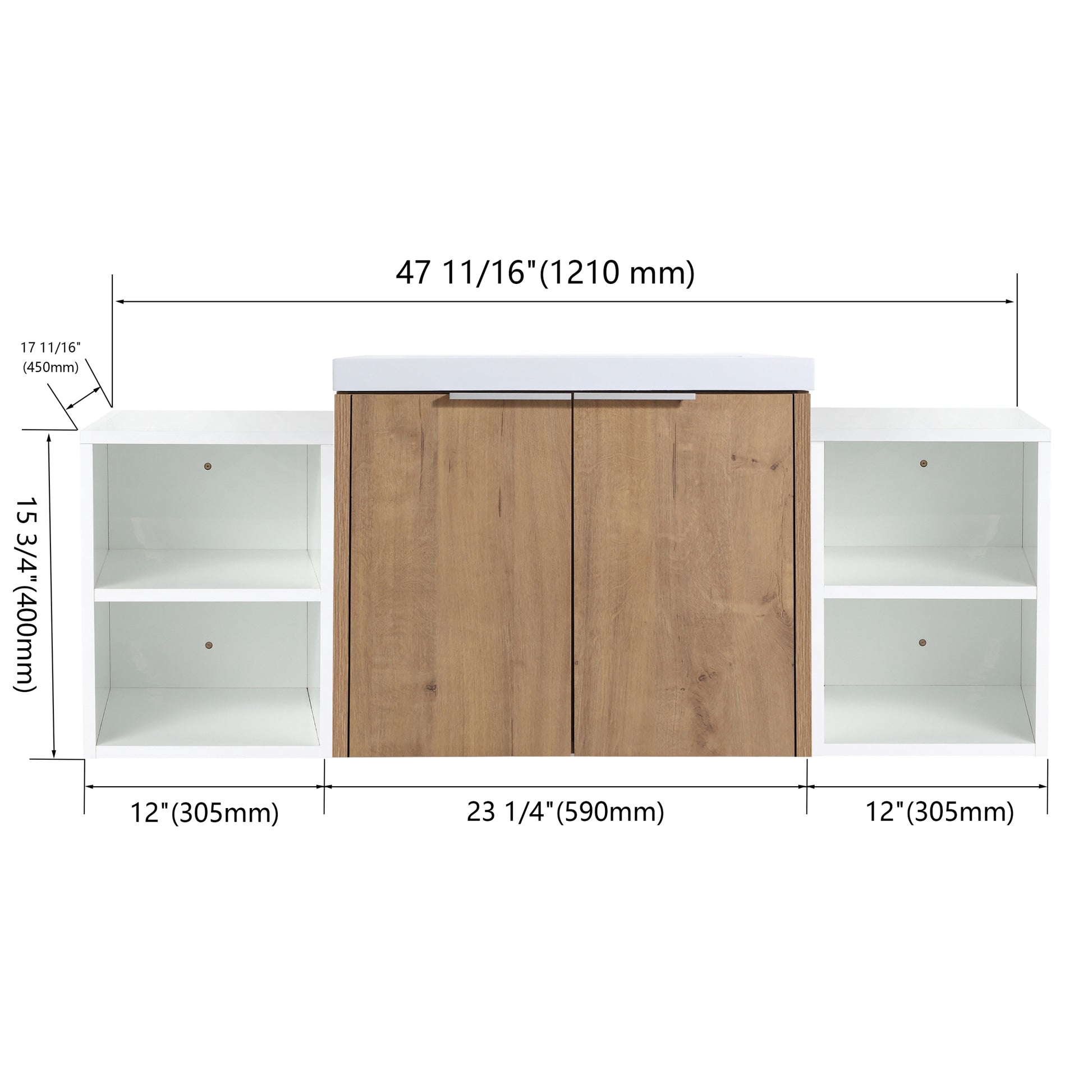 48 Inch Soft Close Doors Bathroom Vanity With Sink, Two Small Storage Shelves, 24" And 12" Combination Cabinet, Kd Packing Imitative Oak 2 2 Bathroom Wall Mounted Modern Plywood