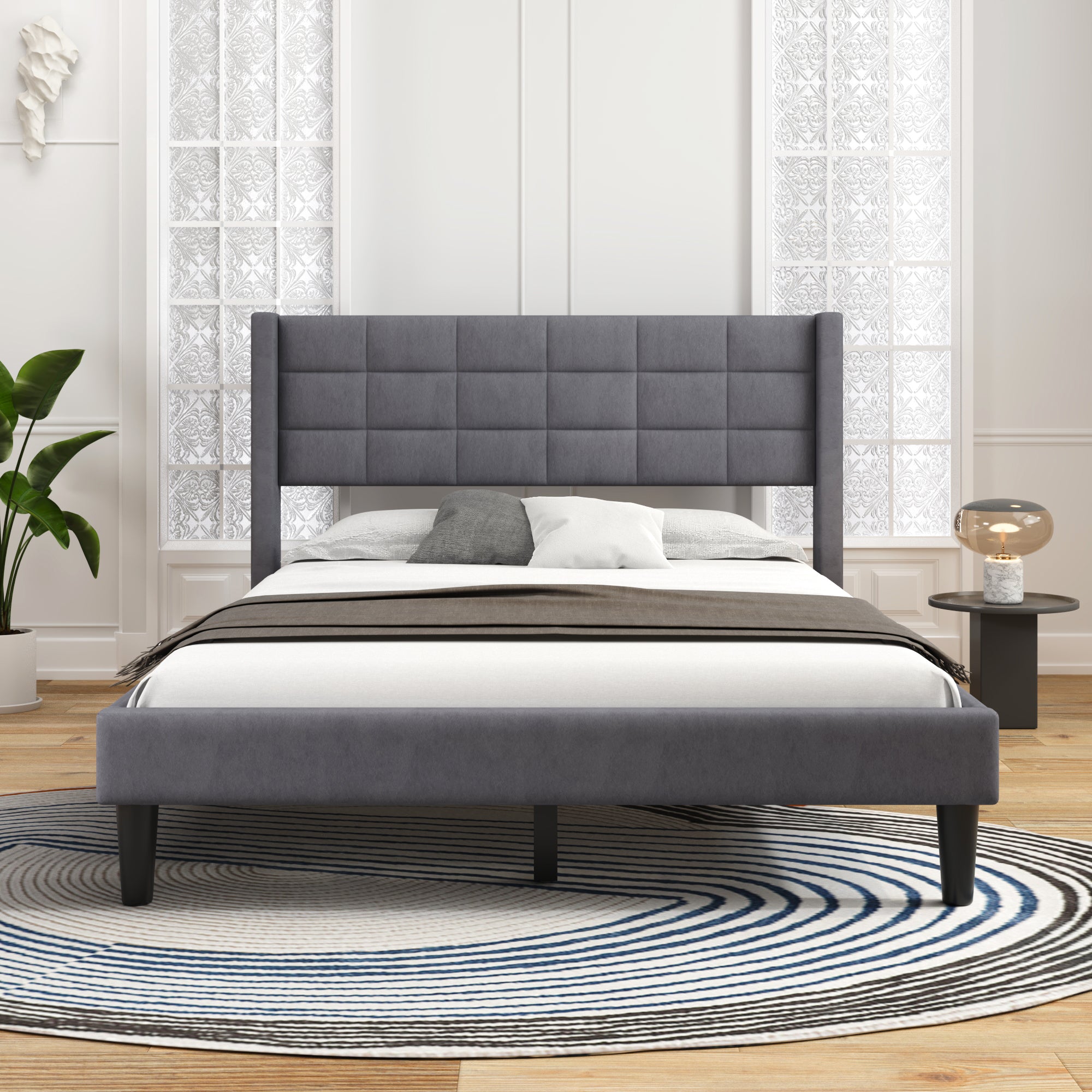 Queen Size Upholstered Platform Bed With Support Legs, Gray Box Spring Not Required Queen Gray Wood Bedroom Bed Frame Polyester Upholstered