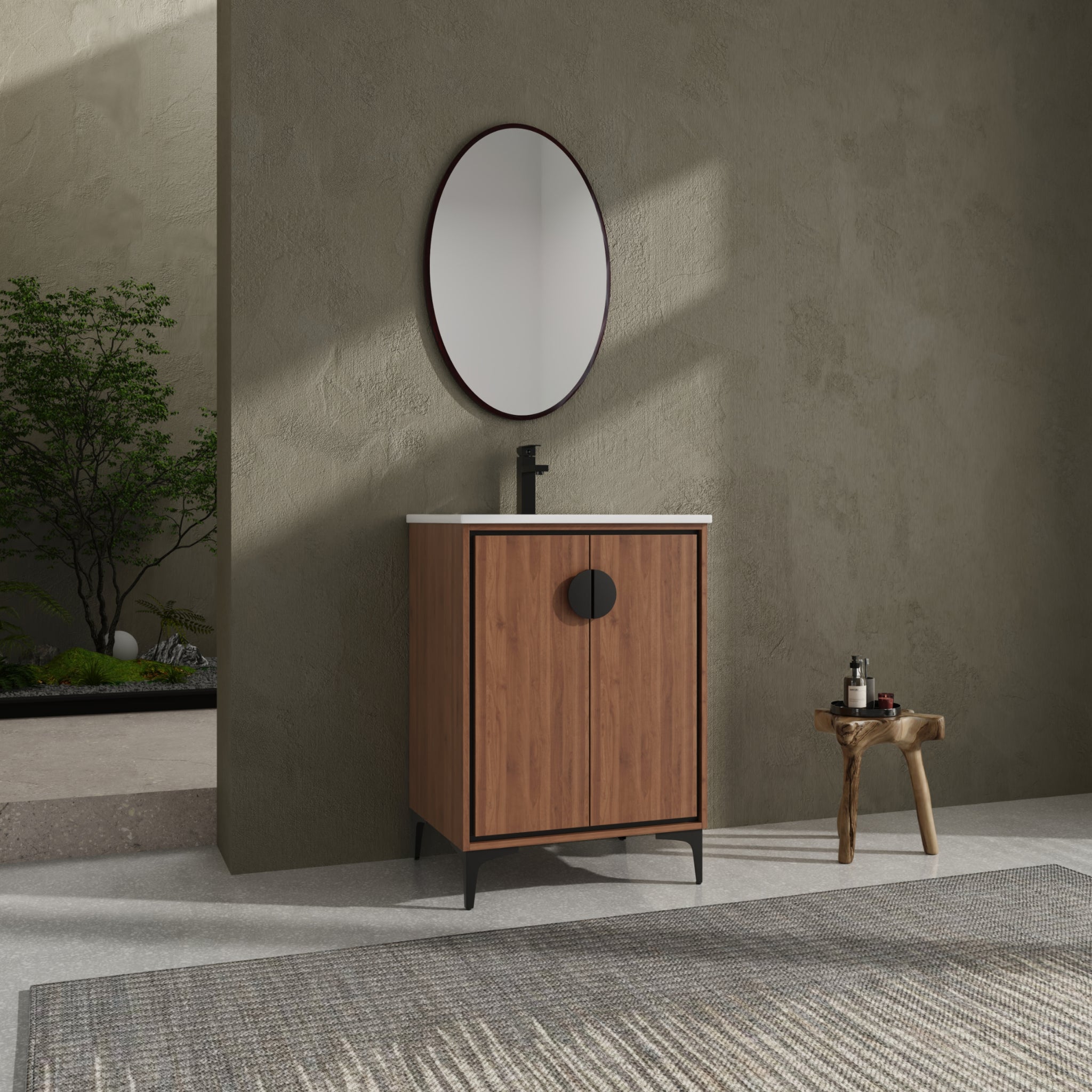 24'' Bathroom Vanity With Top Sink, Modern Bathroom Storage Cabinet With 2 Soft Closing Doors, Single Sink Bathroom Vanity Brown Bathroom American Design Ceramic Engineered Wood