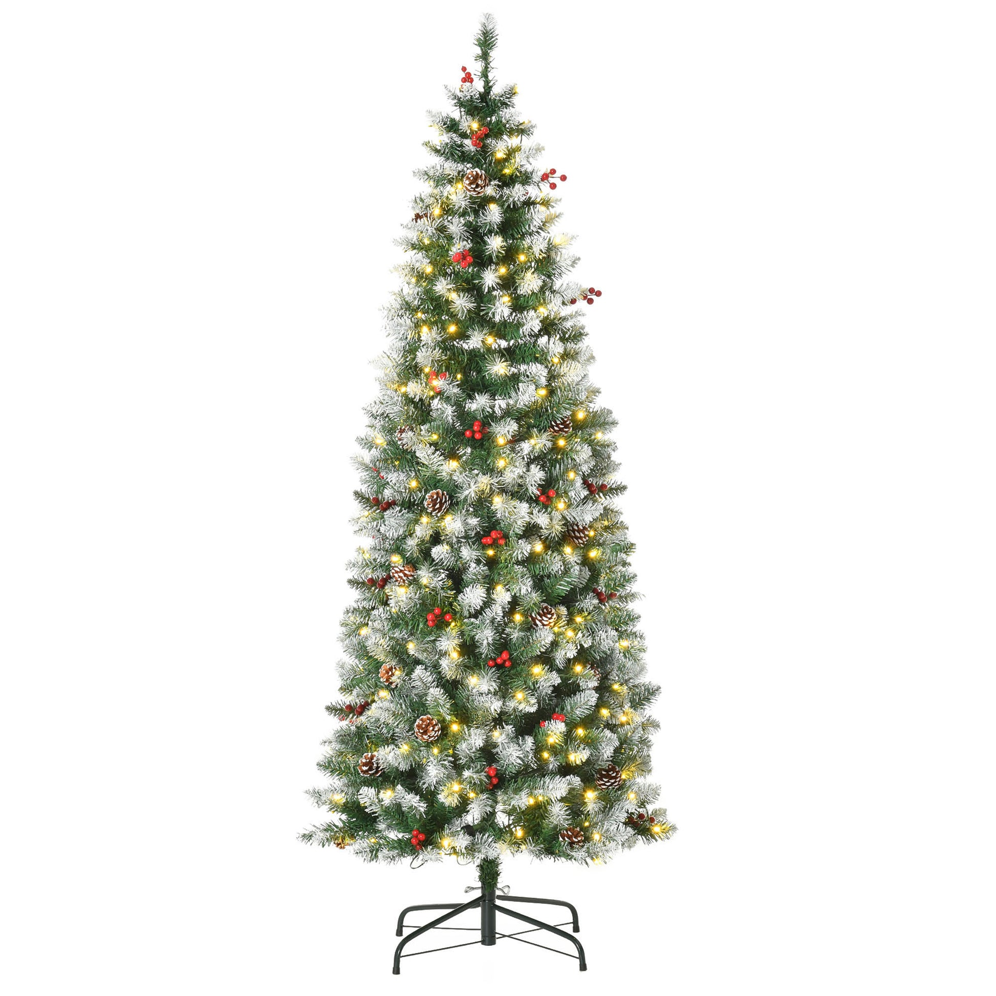 Homcom 6Ft Pre Lit Snow Dipped Artificial Christmas Tree With Realistic Branches, 300 Led Lights, Pine Cones, Red Berries And 618 Tips Green Pvc