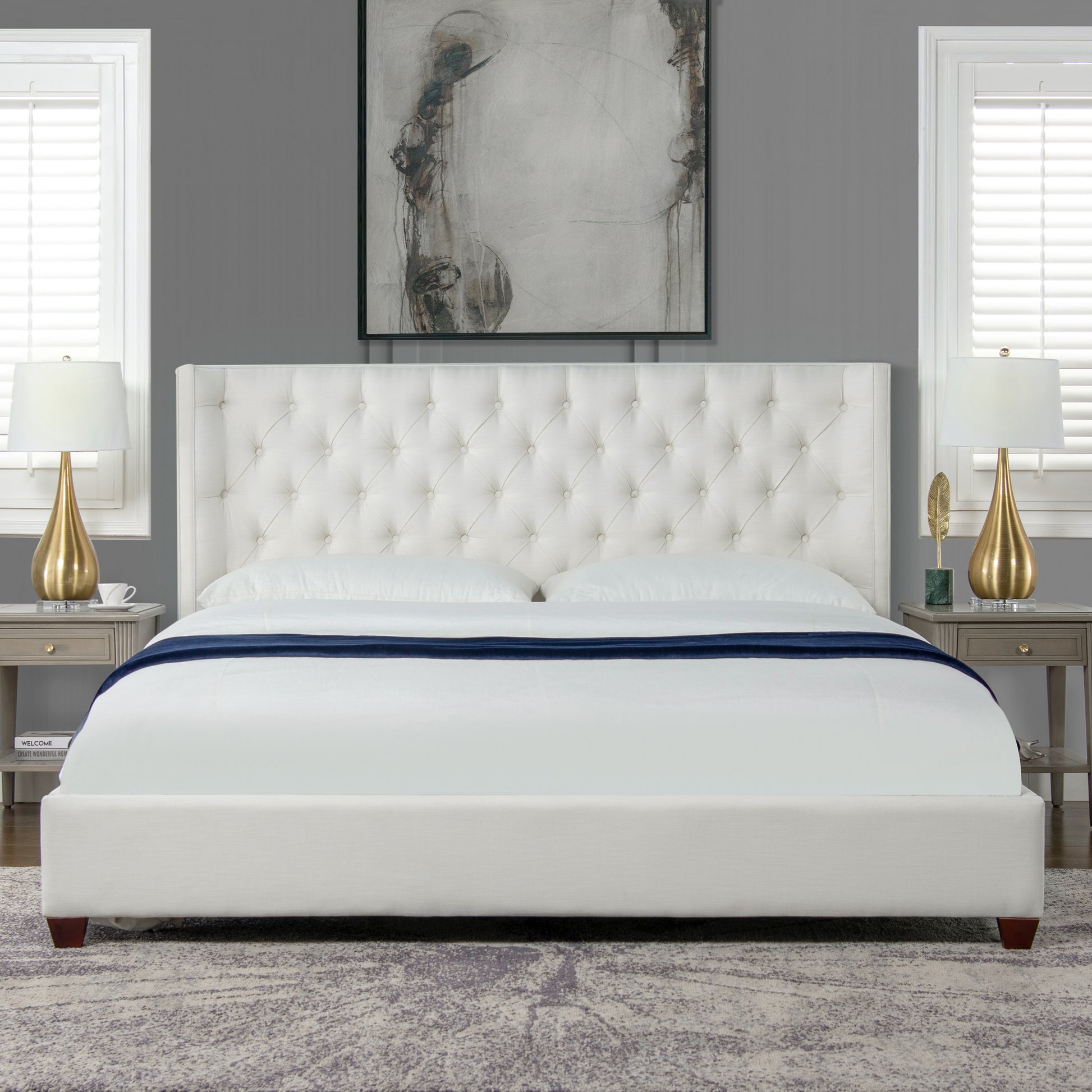 Manhattan Shelter King Platform Bed Frame, Antique White Polyester Box Spring Not Required King Antique White Wood Foam Polyester Polyester