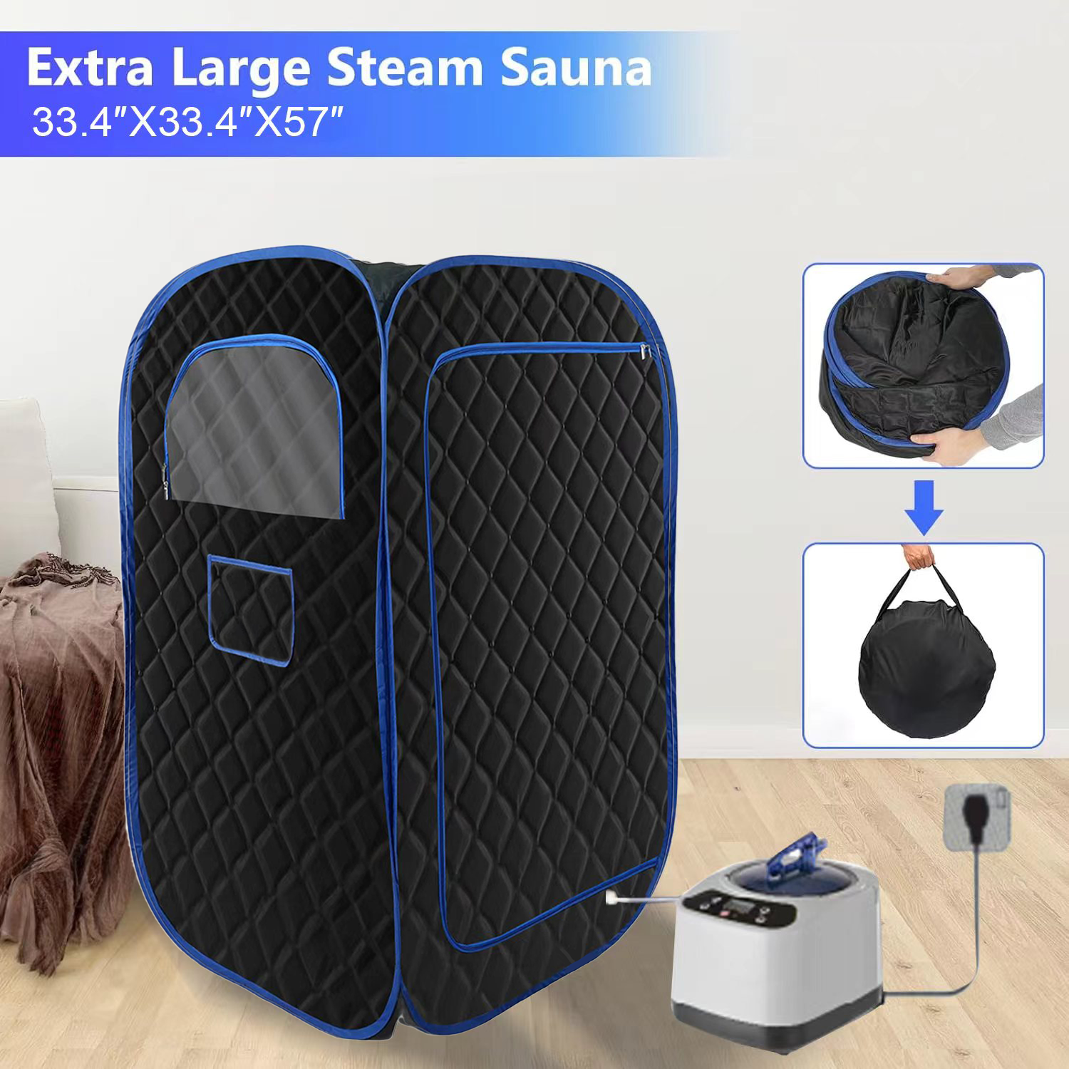 Portable Steam Sauna, Portable Sauna For Home, Sauna Tent Sauna Box With 3L Steamer With Remote Control And Folding Chair, Black Black Blue Fabric