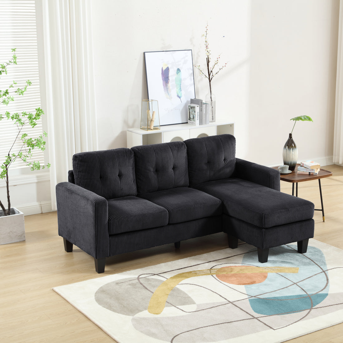 Velvet Sectional Couchl Shaped Sofa With Ottoman For Small Apartment Black Velvet 3 Seat